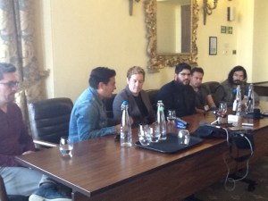 Salvador at their press conference. Nic Gonzales is second left (in the blue shirt); Craig is on the left. Alejandro is at the other end; on the right.